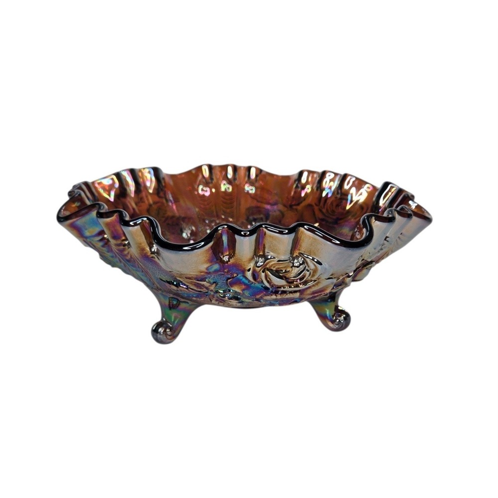 Vintage Imperial Amethyst Carnival Glass Footed Bowl Lustre Rose Embossed Roses